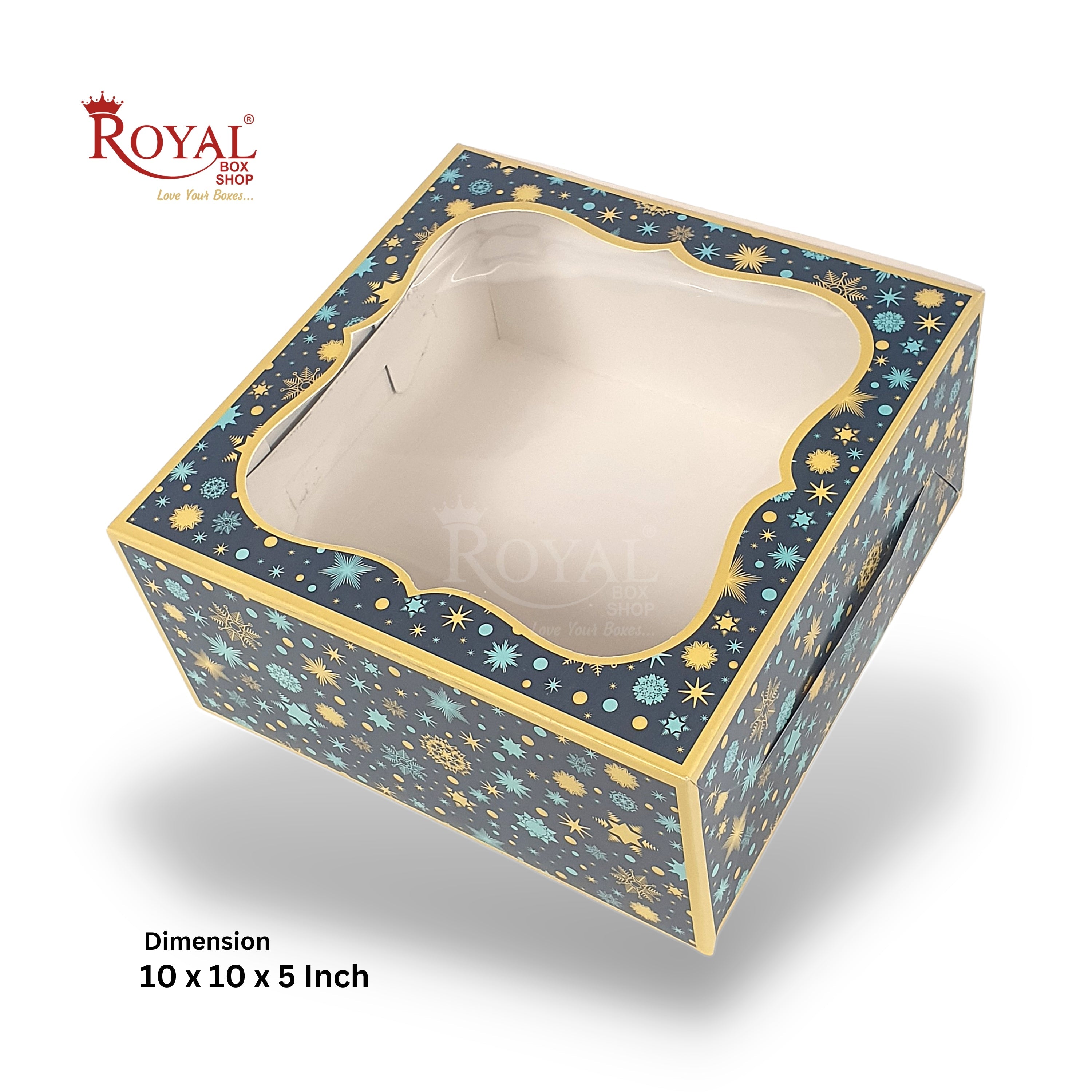 Cake Box With Window I Blue Christmas Theme I Size 10x10x5 inch I 350 GSM I  One Kg Cake Box I Shop Online from Royal Box Shop