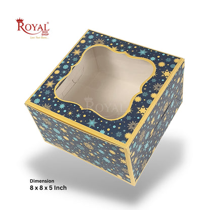 Cake Box With Window I Christmas Blue Theme I Size 8x8x5 inch I 300 GSM I Half Kg Cake Box Royal Box Shop