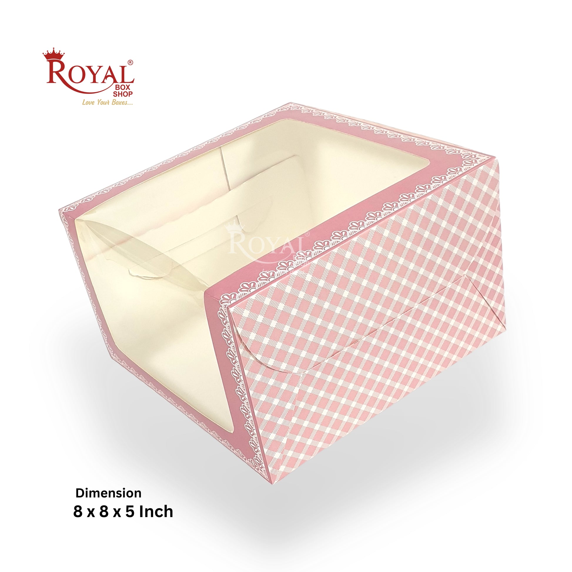 Cake Box with L-Shape Window I Pink Check I 8x8x5" Inch | Perfect for Half Kg Cakes Cookies, Candies, & Room Hampers Royal Box Shop