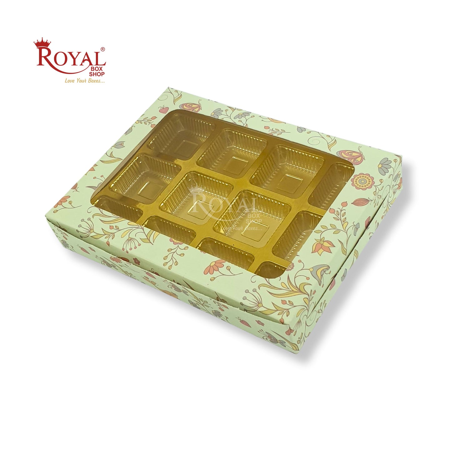 12 Cavity Chocolate Box I 7.5 x 5.5 x 1.25 inches I Green Floral