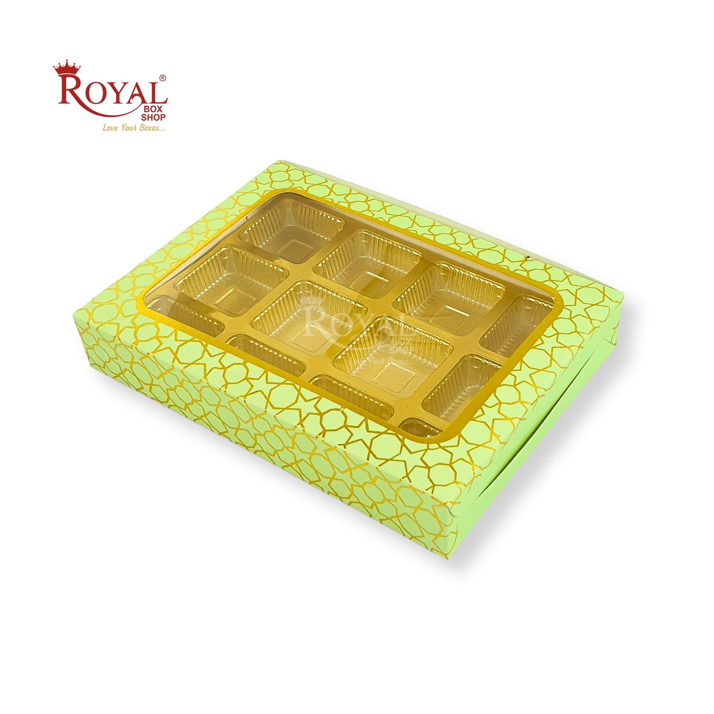 12 Cavity Chocolate Box I 7.5 x 5.5 x 1.25 inches I Green With Golden Foiling