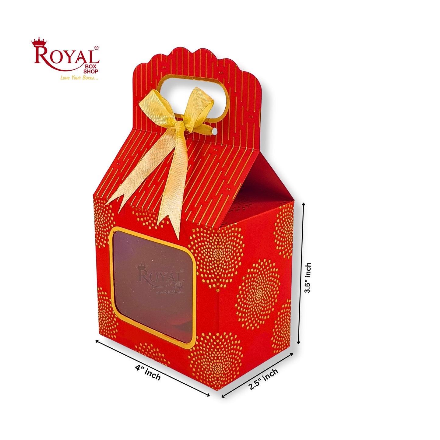 Premium Gift Box with Window I Red Gold Leaf Print I 4x2.5x3.5 inches I For Return Favor Gift, Baby Shower Gifts, Room Hampers, Candy Box, Birthday Return Gift