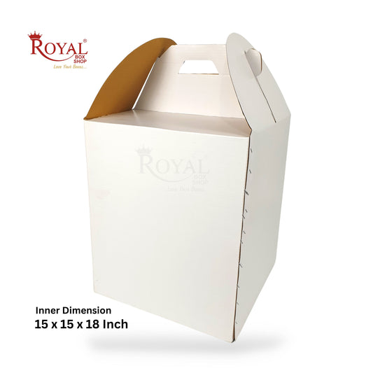 Corrugated Tall Cake Box with Handle I Exquisite White I 15x15x18 Inch I Perfect for Birthdays Cake Packaging Royal Box Shop