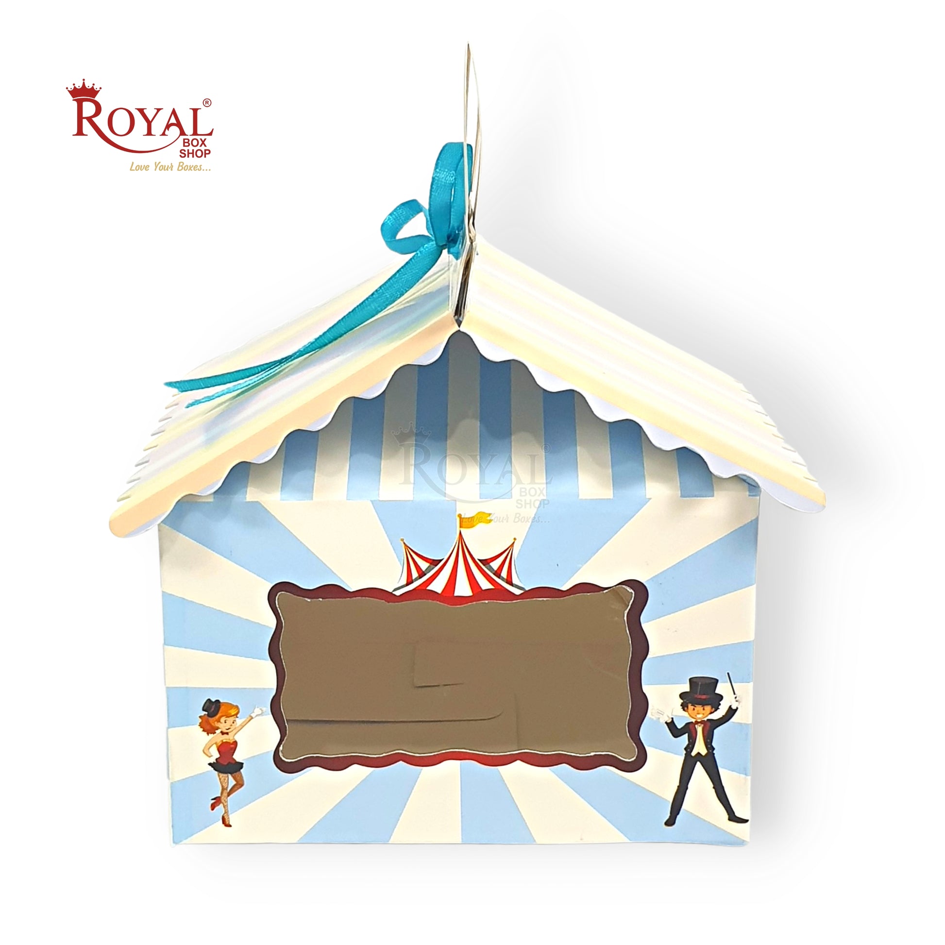 Hut Boxes with Circus Carnival Print & Handle I 6x6x4 I Blue I Perfect For Birthday, Favor, Announcements Royal Box Shop