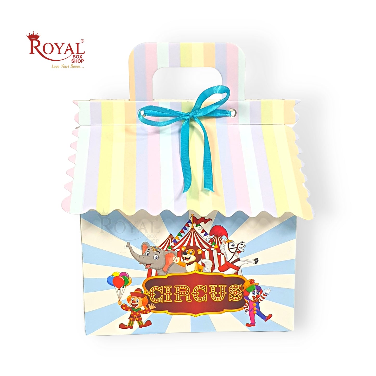 Hut Boxes with Circus Carnival Print & Handle I 6x6x4 I Blue I Perfect For Birthday, Favor, Announcements Royal Box Shop