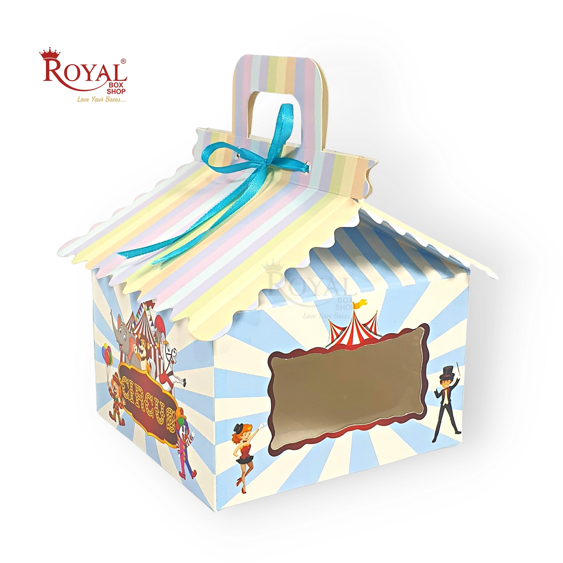 Hut Boxes with Circus Carnival Print & Handle I 6x6x4 I Blue I Perfect For Birthday, Favor, Announcements Royal Box Shop