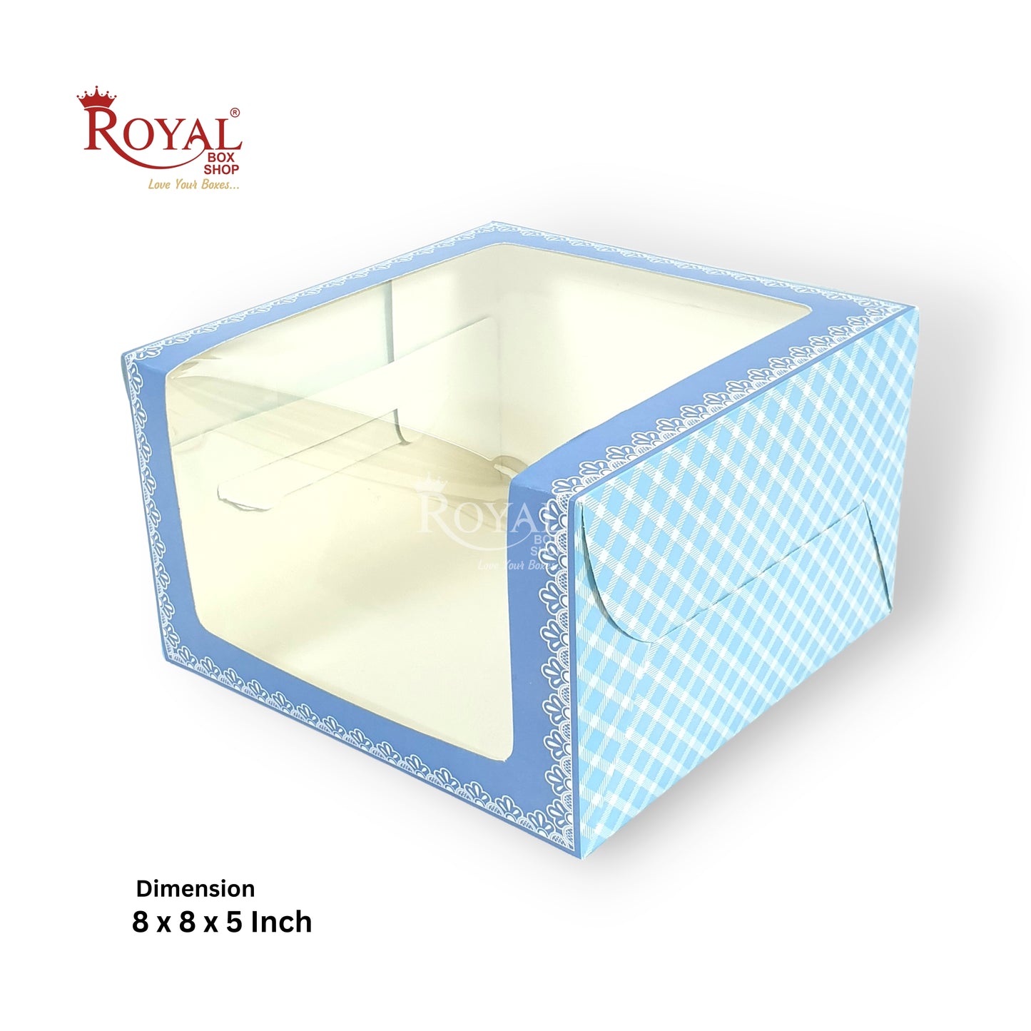 L-Shape Window Cake Box I Blue Check I 8x8x5" Inch | Perfect for Half Kg Cakes Cookies, Candies, & Room Hampers Royal Box Shop