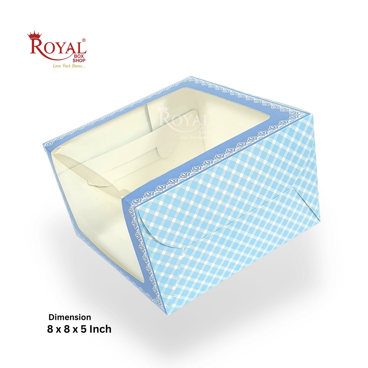 L-Shape Window Cake Box I Blue Check I 8x8x5" Inch | Perfect for Half Kg Cakes Cookies, Candies, & Room Hampers Royal Box Shop