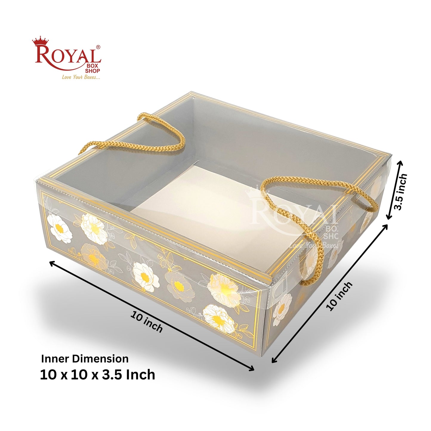 Premium Gift Hamper Bags with Transparent Lid I 10 x 10 x 3.5 inches I Grey Golden Flower I Christmas Gifting, Party Gifts, Return favor Gifting Royal Box Shop