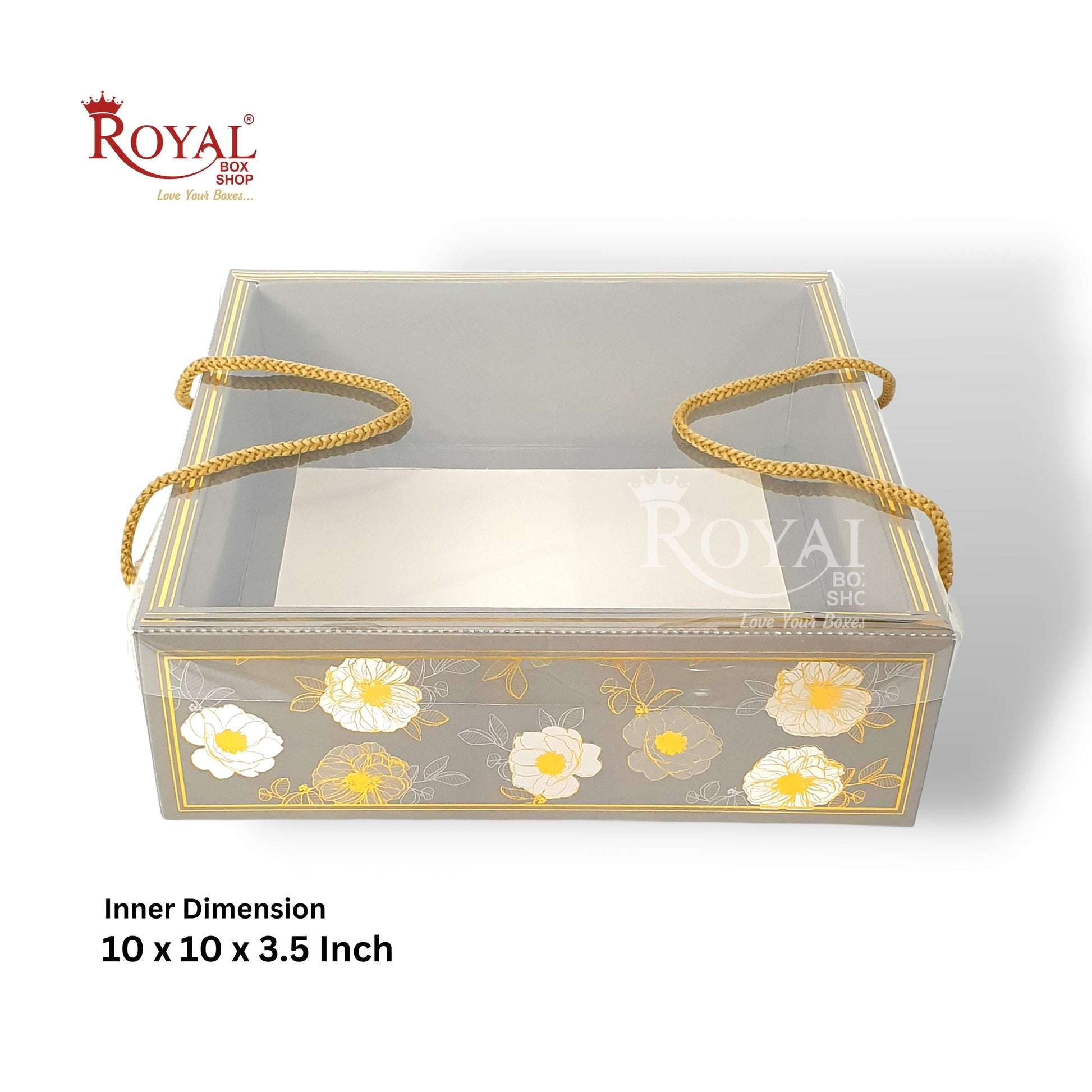 Premium Gift Hamper Bags with Transparent Lid I 10 x 10 x 3.5 inches I Grey Golden Flower I Christmas Gifting, Party Gifts, Return favor Gifting Royal Box Shop