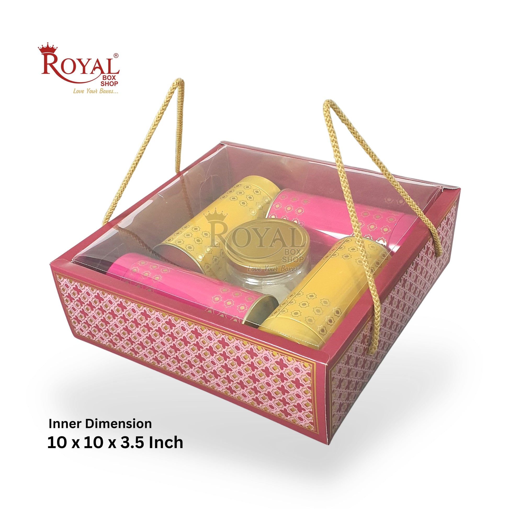 Premium Gift Hamper Bags with Transparent Lid I 10 x 10 x 3.5 inches I Red Star Golden Foil Print I Wedding Party Gifts, Return favor Gifting Royal Box Shop