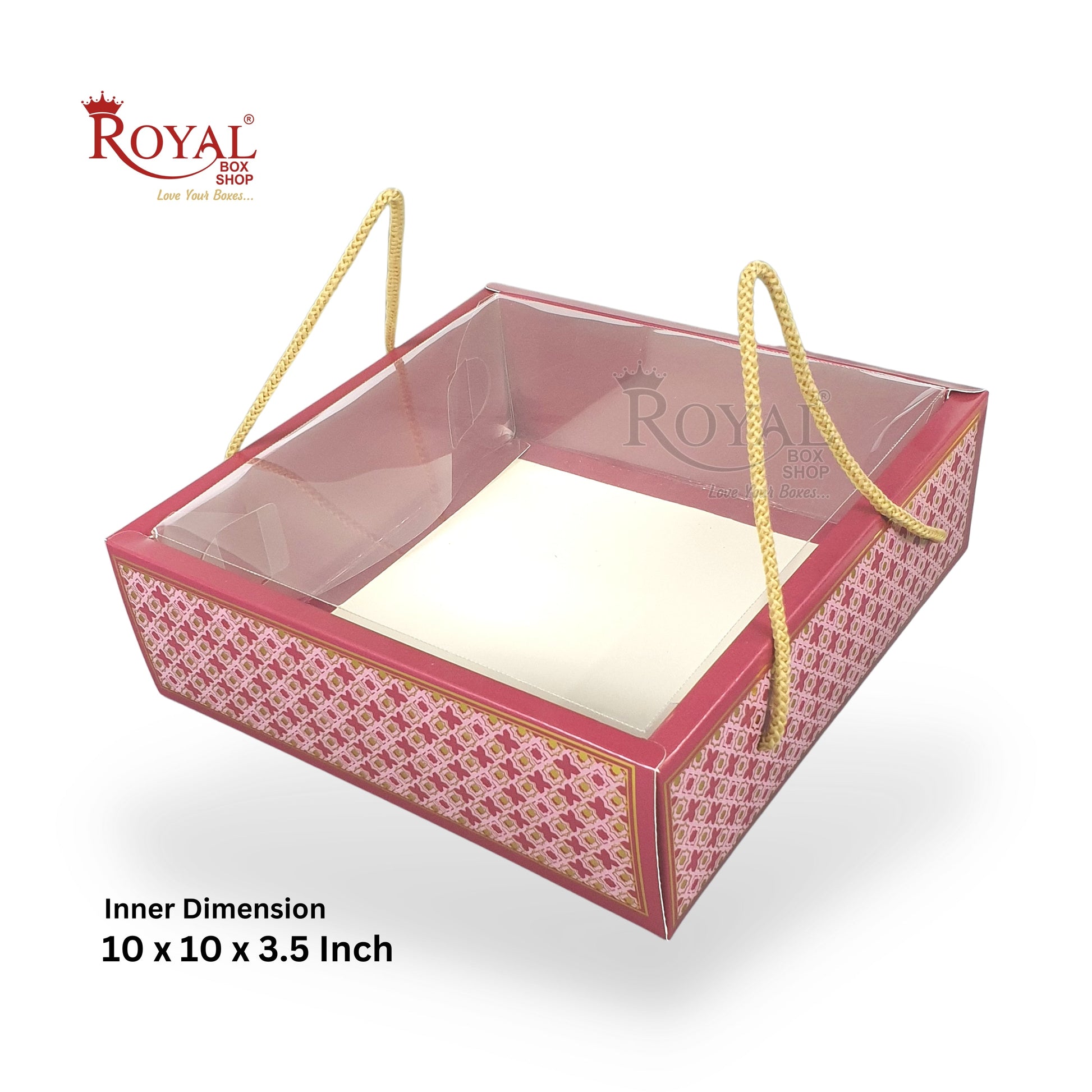 Premium Gift Hamper Bags with Transparent Lid I 10 x 10 x 3.5 inches I Red Star Golden Foil Print I Wedding Party Gifts, Return favor Gifting Royal Box Shop