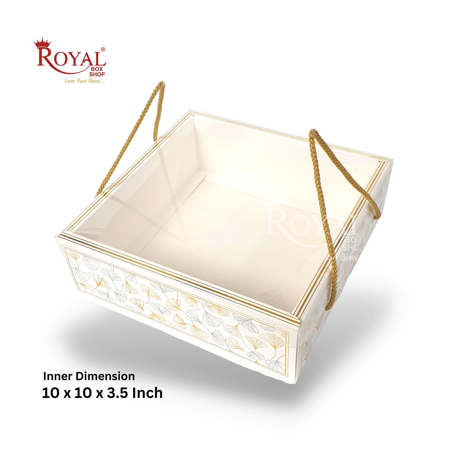 Premium Gift Hamper Bags with Transparent Lid I 10 x 10 x 3.5 inches I White Golden leaf I Christmas Gifting, Party Gifts, Return favor Gifting Royal Box Shop