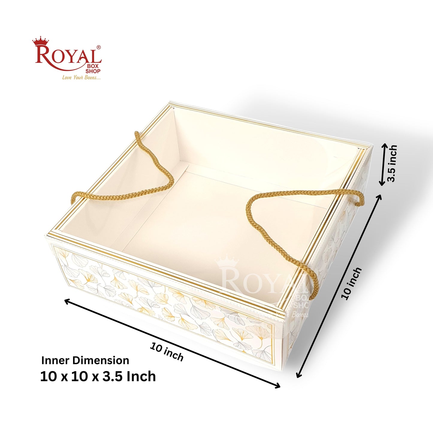 Premium Gift Hamper Bags with Transparent Lid I 10 x 10 x 3.5 inches I White Golden leaf I Christmas Gifting, Party Gifts, Return favor Gifting Royal Box Shop