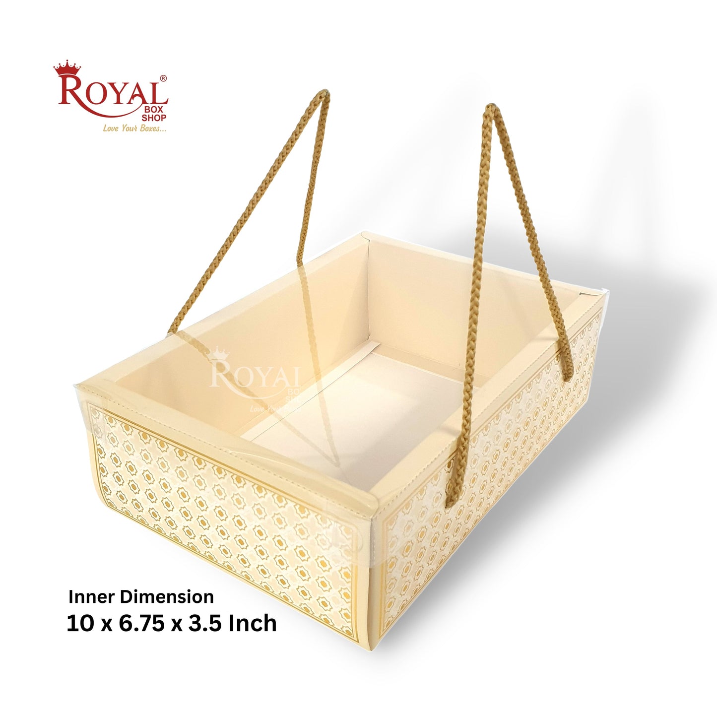 Premium Gift Hamper Bags with Transparent Lid I 10 x 6.75 x 3.5 inches I Beige Star I Christmas Gifting, Party Gifts, Return favor Gifting Royal Box Shop
