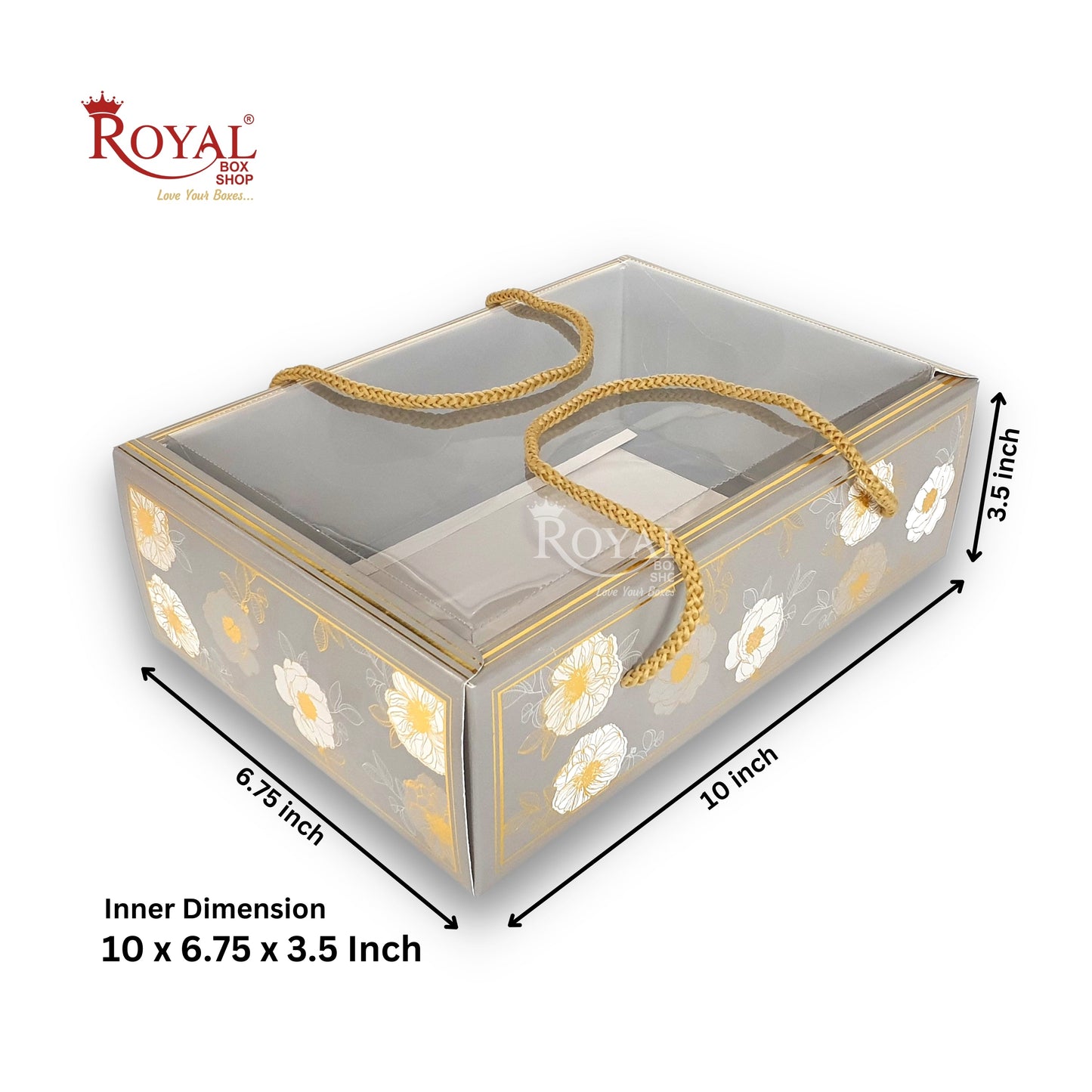 Premium Gift Hamper Bags with Transparent Lid I 10 x 6.75 x 3.5 inches I Grey Golden Flower I Christmas Gifting, Party Gifts, Return favor Gifting Royal Box Shop