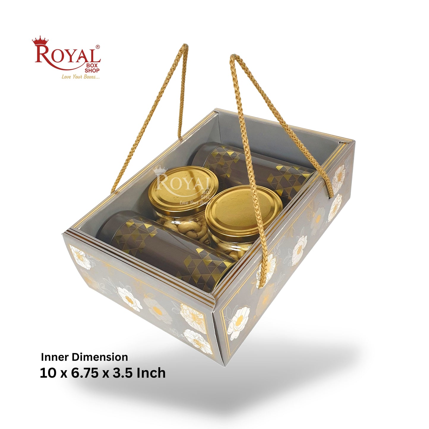 Premium Gift Hamper Bags with Transparent Lid I 10 x 6.75 x 3.5 inches I Grey Golden Flower I Christmas Gifting, Party Gifts, Return favor Gifting Royal Box Shop