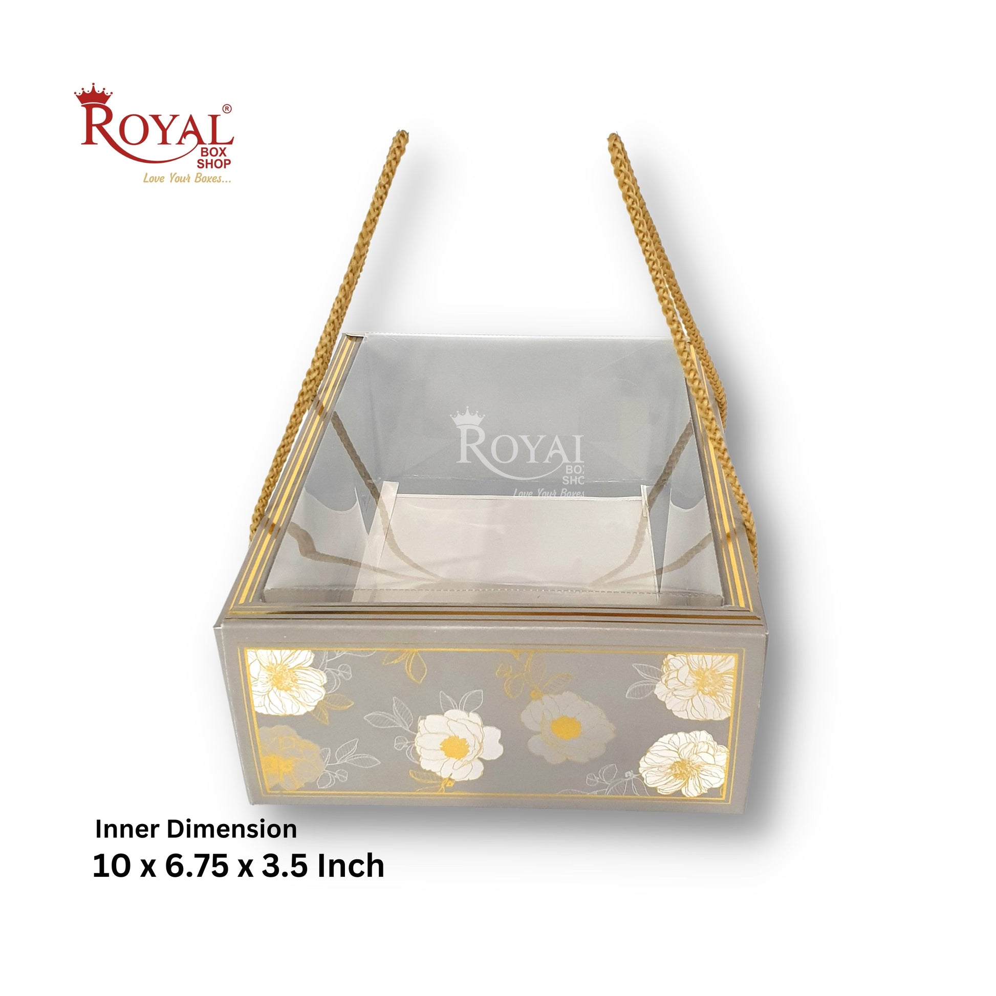 Premium Gift Hamper Bags with Transparent Lid I 10 x 6.75 x 3.5 inches I Grey Golden Flower I Christmas Gifting, Party Gifts, Return favor Gifting Royal Box Shop