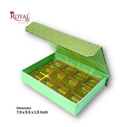 Rigid Chocolate Boxes 12 Cavity With Magnetic Flap I Green with Gold Foiling I 7.5 X 5.5 X 1.5 Inch I Kappa Boxes Royal Box Shop