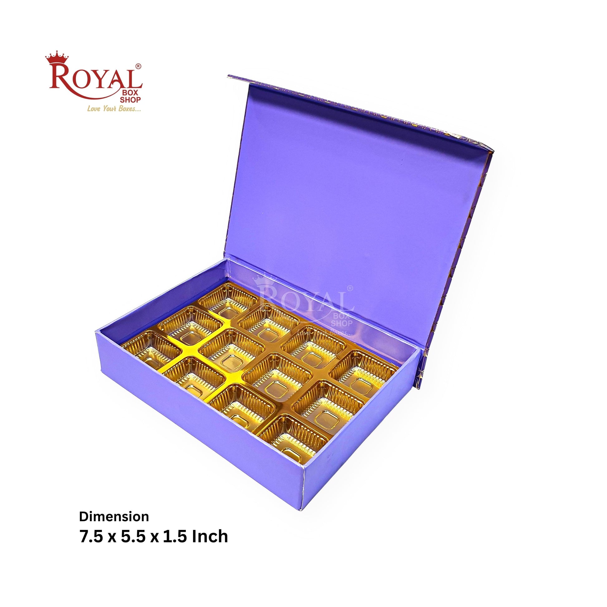 Rigid Chocolate Boxes 12 Cavity With Magnetic Flap I Purple with Gold Foiling I 7.5 X 5.5 X 1.5 Inch I Kappa Boxes Royal Box Shop