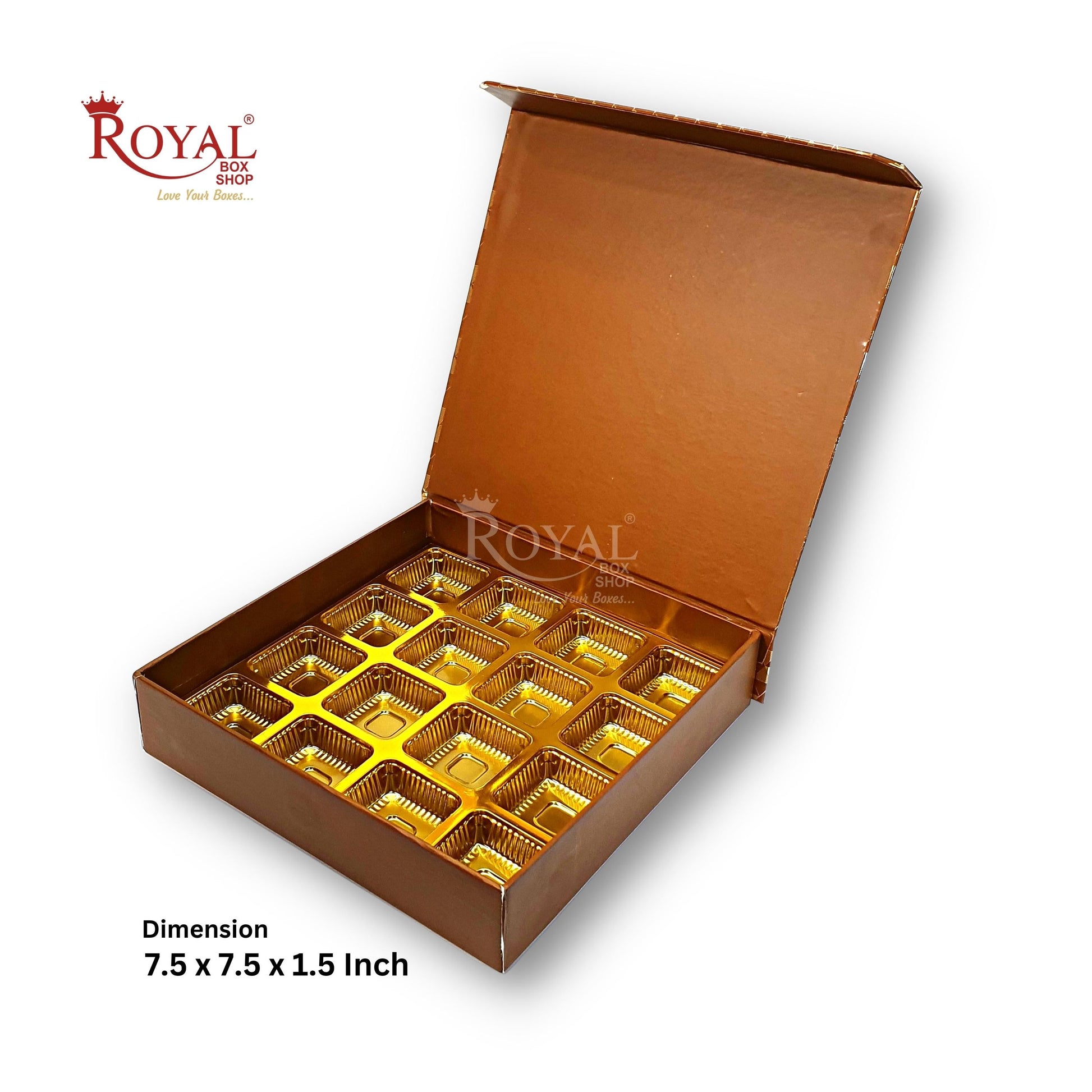 Rigid Chocolate Boxes 16 Cavity With Magnetic Flap I Brown with Gold Foiling I 7.5 X 7.5 X 1.5 Inch I Kappa Boxes Royal Box Shop