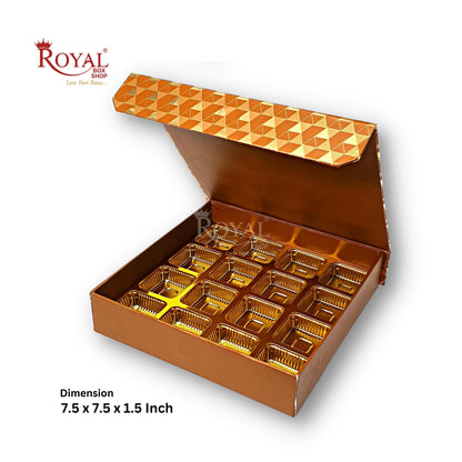 Rigid Chocolate Boxes 16 Cavity With Magnetic Flap I Brown with Gold Foiling I 7.5 X 7.5 X 1.5 Inch I Kappa Boxes Royal Box Shop