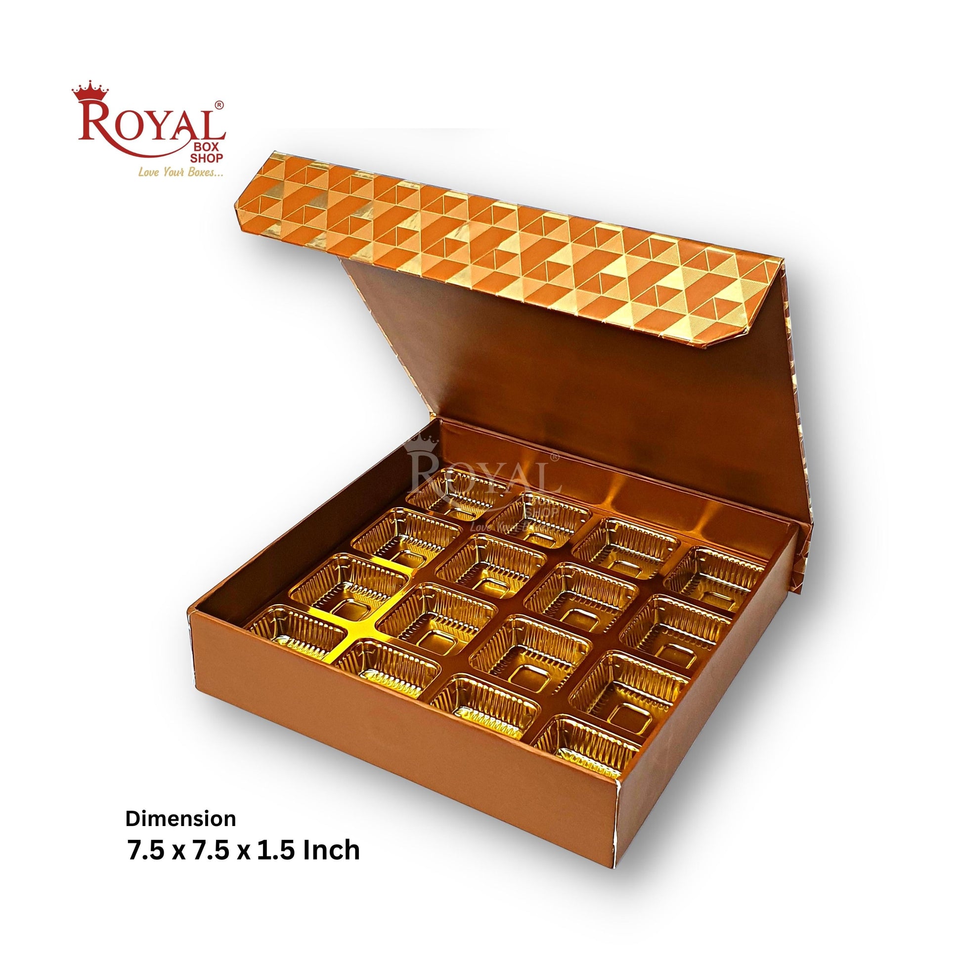 Rigid Chocolate Boxes 16 Cavity With Magnetic Flap I Brown with Gold Foiling I 7.5 X 7.5 X 1.5 Inch I Kappa Boxes Royal Box Shop