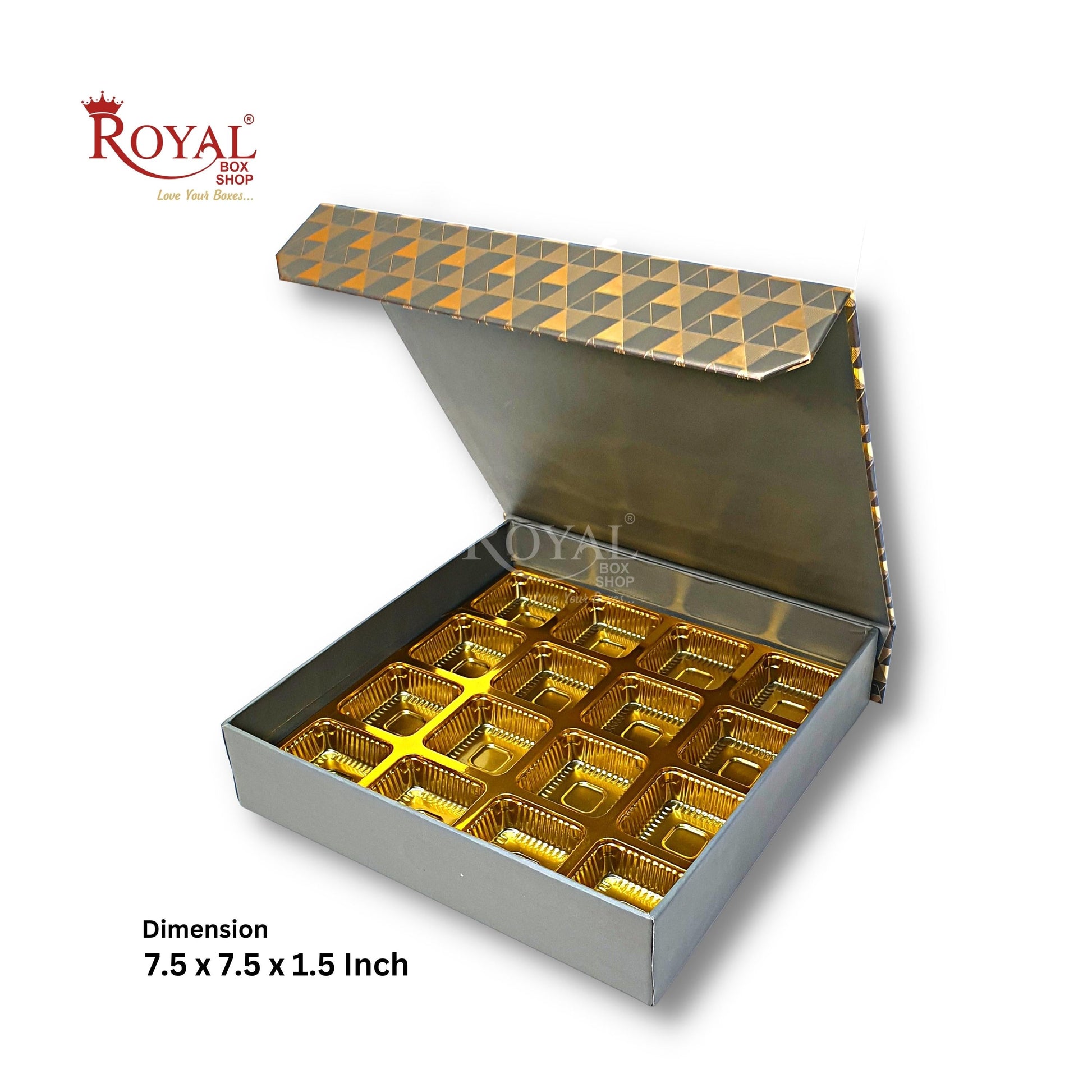 Rigid Chocolate Boxes 16 Cavity With Magnetic Flap I Grey with Gold Foiling I 7.5 X 7.5 X 1.5 Inch I Kappa Boxes Royal Box Shop