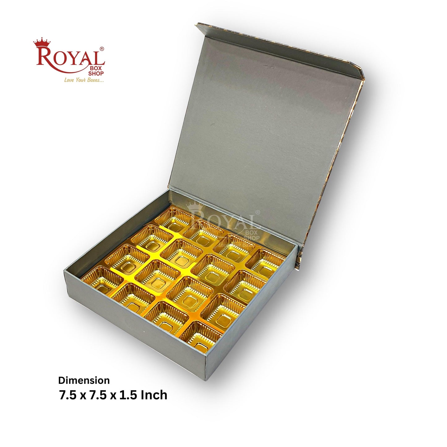 Rigid Chocolate Boxes 16 Cavity With Magnetic Flap I Grey with Gold Foiling I 7.5 X 7.5 X 1.5 Inch I Kappa Boxes Royal Box Shop