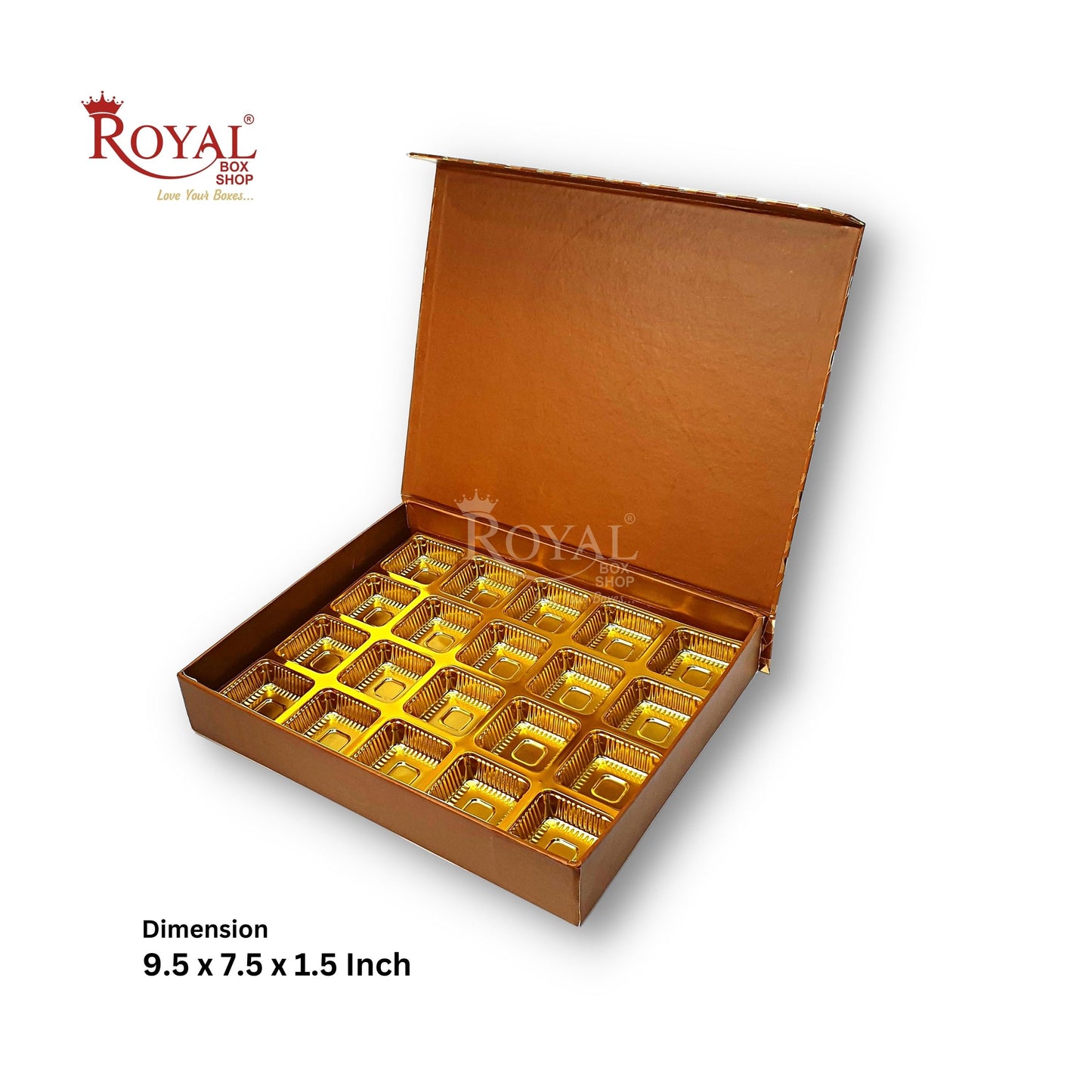 Rigid Chocolate Boxes 20 Cavity With Magnetic Flap I Brown with Gold Foiling I 9.5 X 7.5 X 1.5 Inch I Kappa Boxes Royal Box Shop