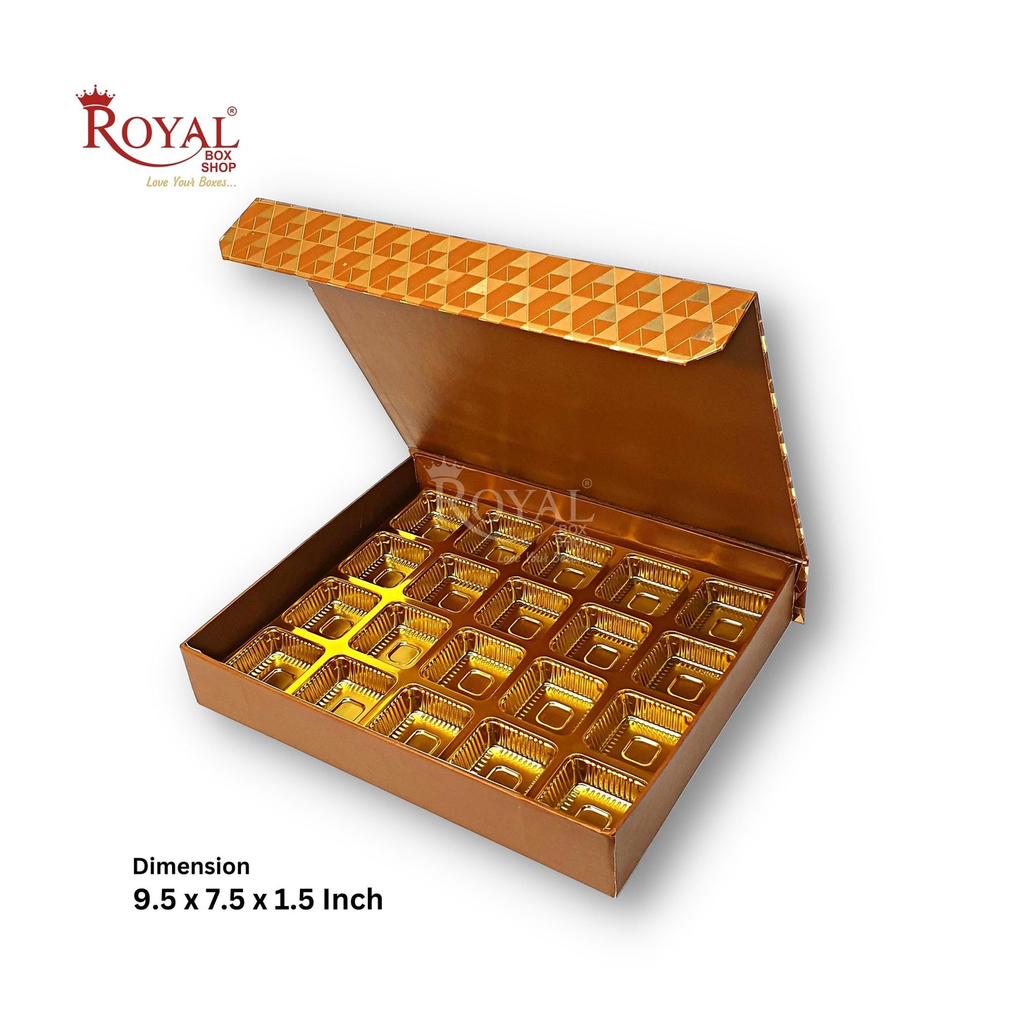 Rigid Chocolate Boxes 20 Cavity With Magnetic Flap I Brown with Gold Foiling I 9.5 X 7.5 X 1.5 Inch I Kappa Boxes Royal Box Shop