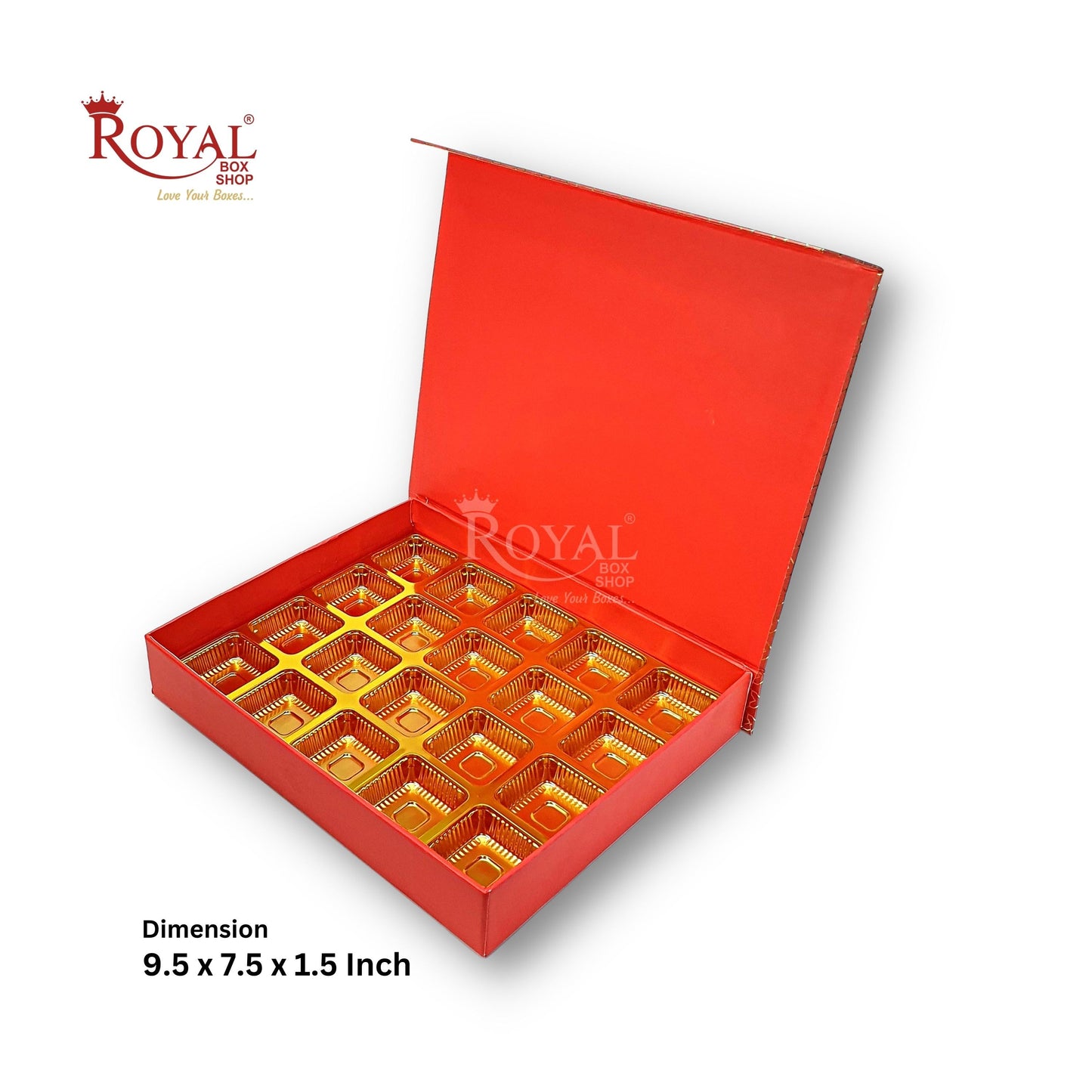 Rigid Chocolate Boxes 20 Cavity With Magnetic Flap I Red with Gold Foiling I 9.5 X 7.5 X 1.5 Inch I Kappa Boxes Royal Box Shop