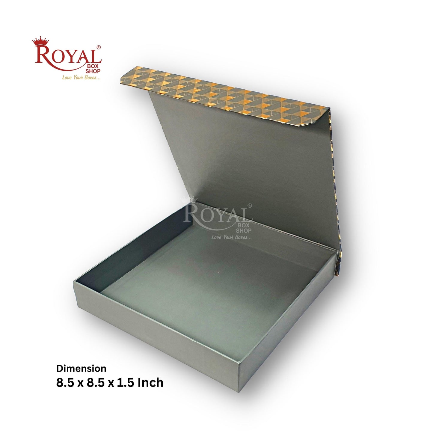 Rigid Chocolate Boxes 25 Cavity With Magnetic Flap I Grey with Gold Foiling I 9.5 X 9.5 X 1.5 Inch I Kappa Boxes Royal Box Shop