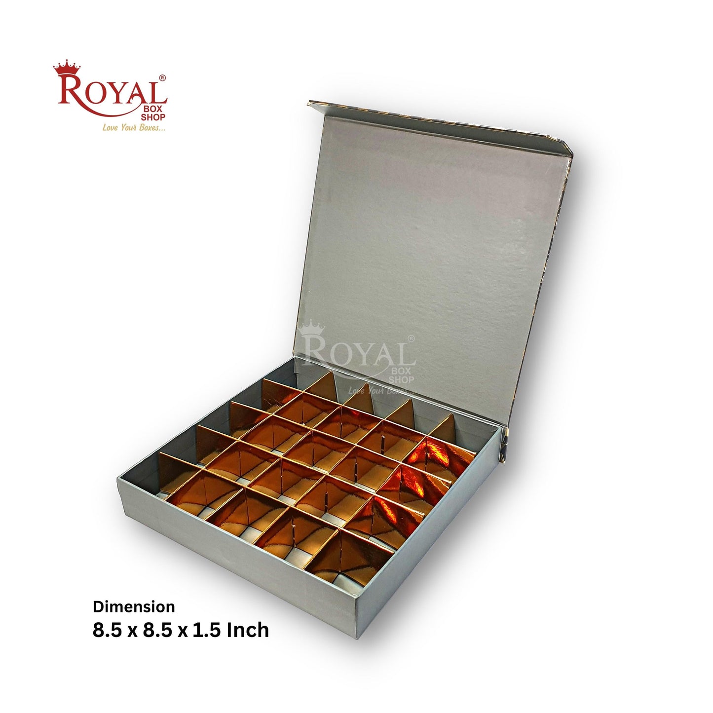 Rigid Chocolate Boxes 25 Cavity With Magnetic Flap I Grey with Gold Foiling I 9.5 X 9.5 X 1.5 Inch I Kappa Boxes Royal Box Shop