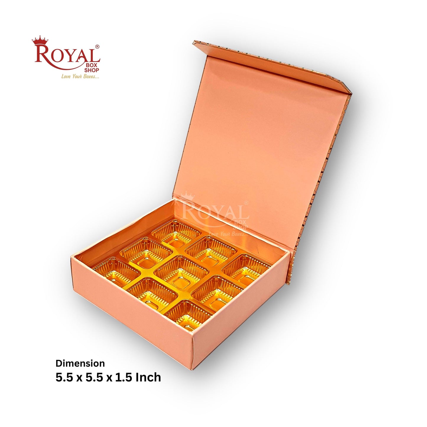 Rigid Chocolate Boxes 9 Cavity With Magnetic Flap I Pink with Gold Foiling I 5.5 X 5.5 X 1.5 Inch Royal Box Shop