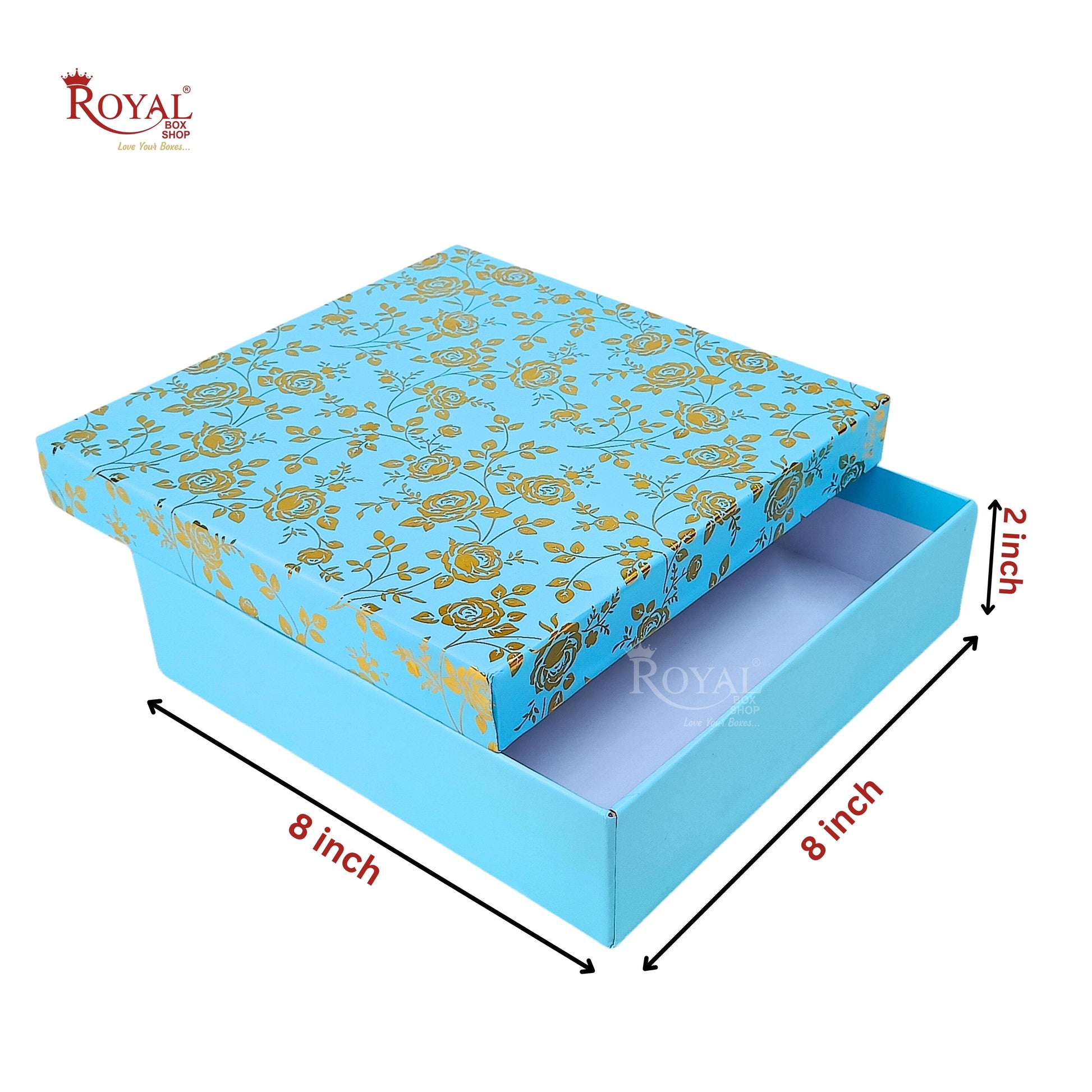 Rigid Hamper Boxes I 8"x8"x2" Inches I Blue Color Golden Flower Foiling I Set Up Boxes Royal Box Shop