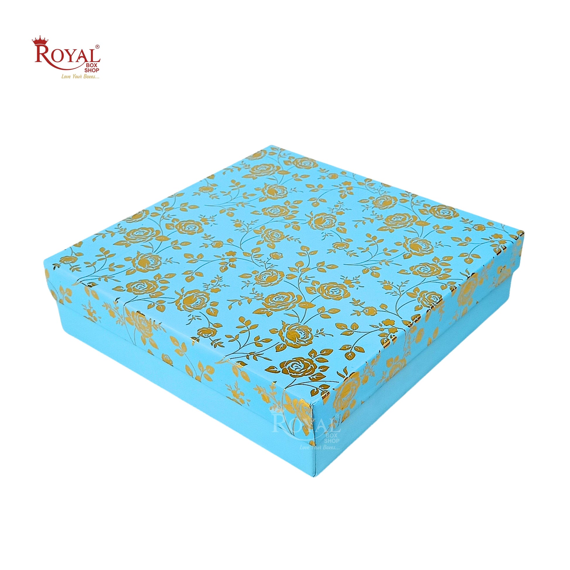 Rigid Hamper Boxes I 8"x8"x2" Inches I Blue Color Golden Flower Foiling I Set Up Boxes Royal Box Shop