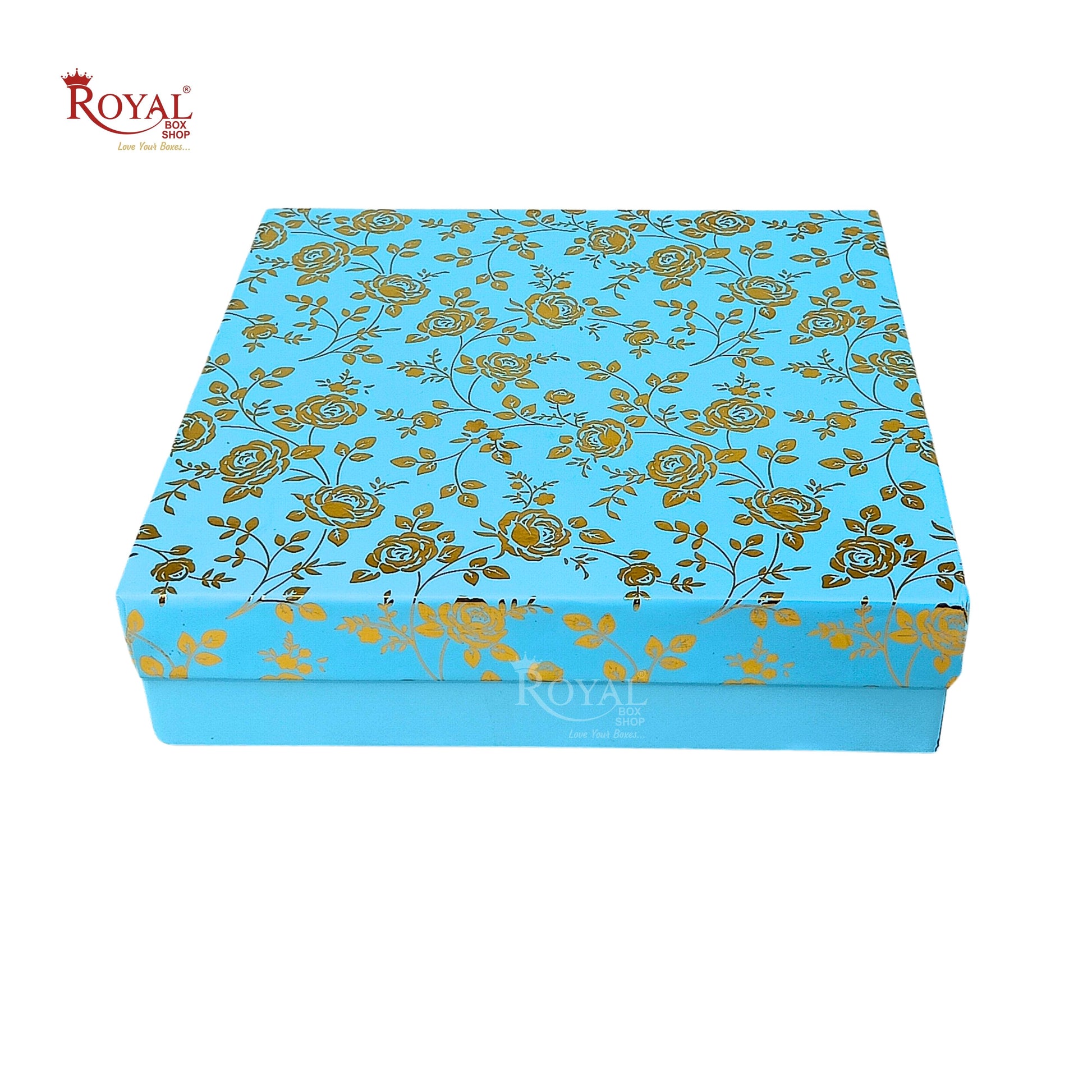 Rigid Hamper Boxes I 8"x8"x2" Inches I Blue Color Golden Flower Foiling I Set Up Boxes Royal Box Shop