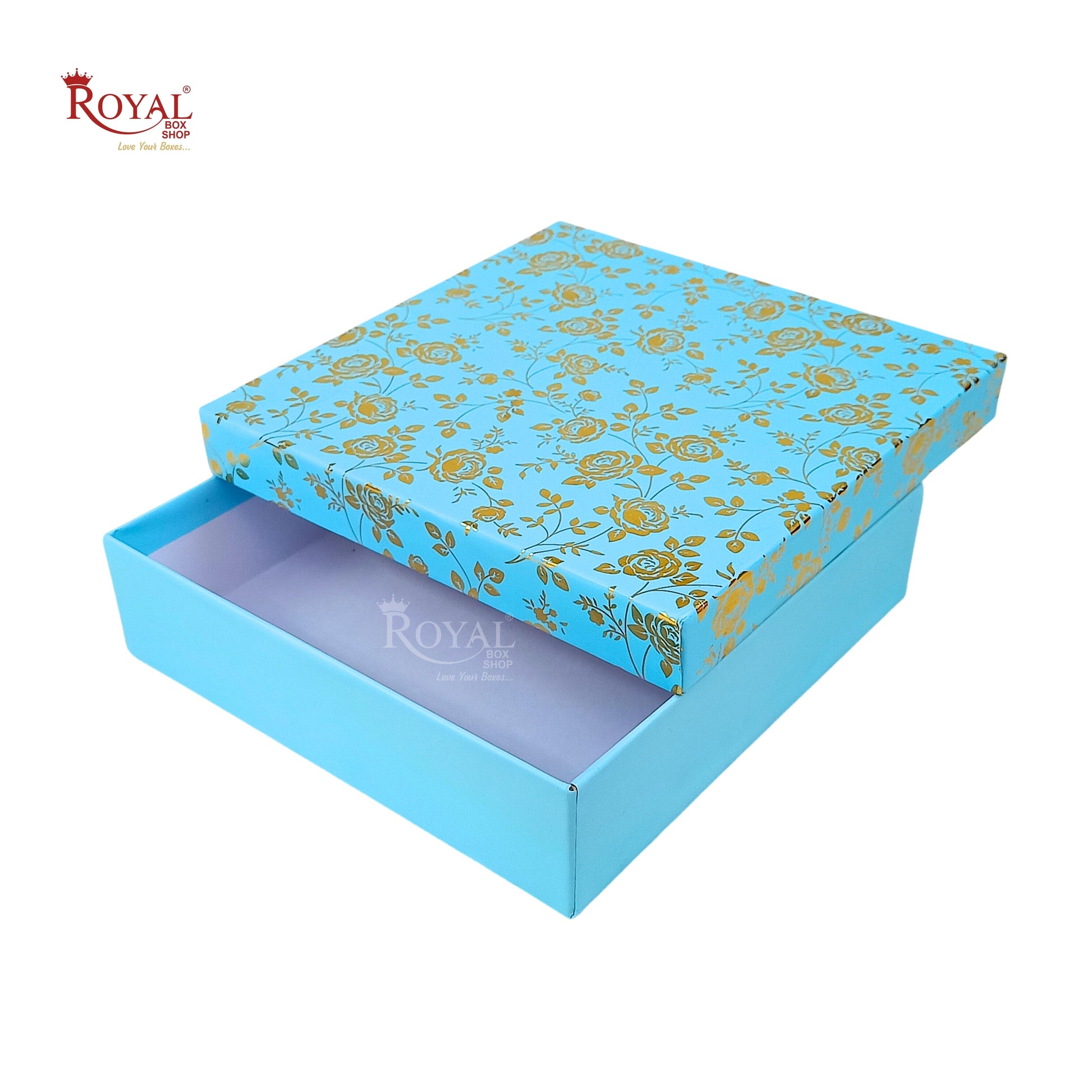 Rigid Hamper Boxes I 8"x8"x2" Inches I Blue Color Golden Flower Foiling I Set Up Boxes Royal Box Shop