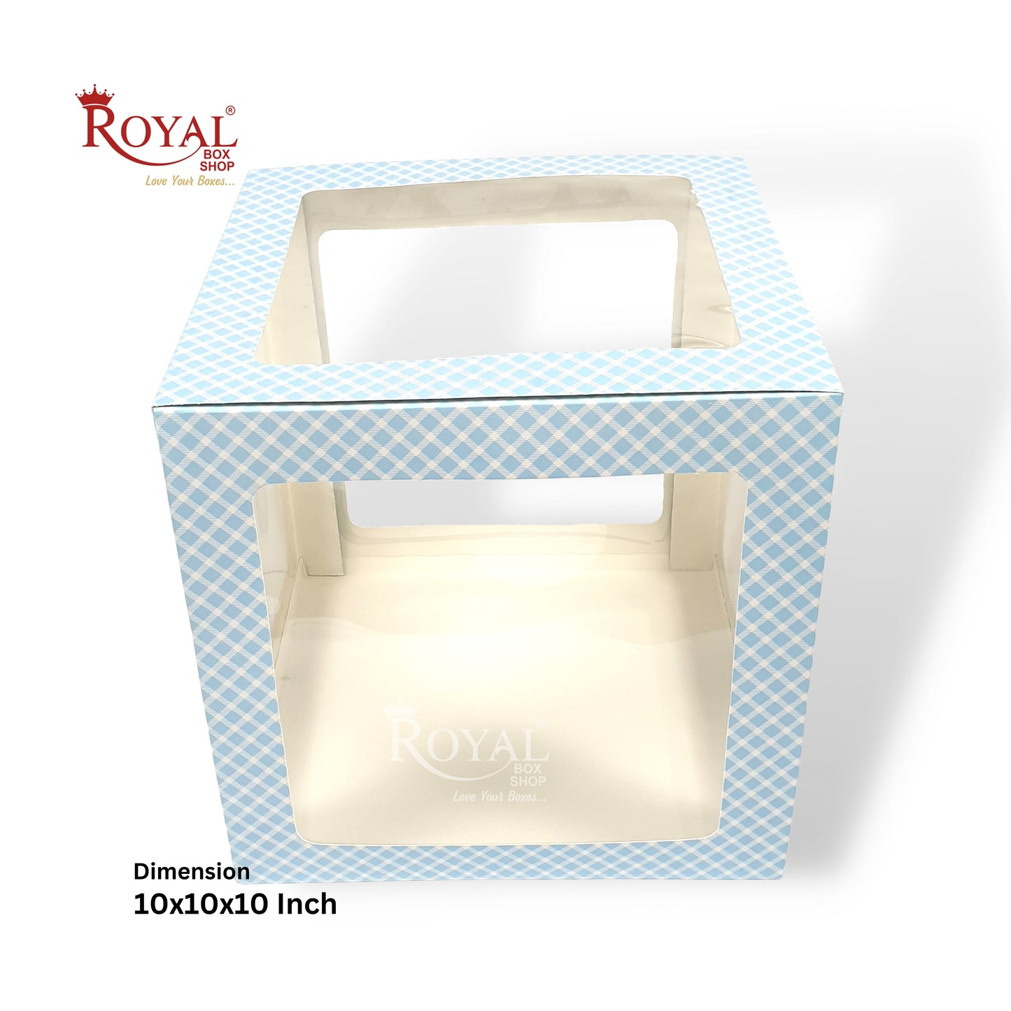 RoyalBoxShop® 5-Window Gift Box I 10x10x10 Inch I Blue Check I Perfect for Bakery Cakes, Gifts, Parties, Any Occasion Royal Box Shop