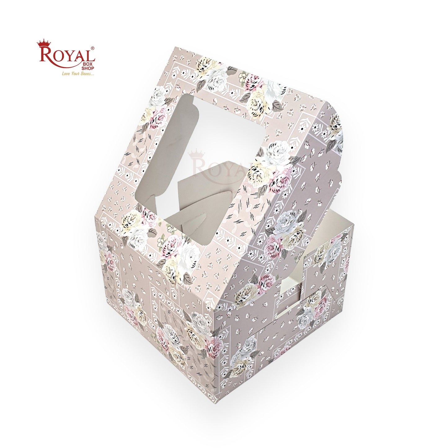 RoyalBoxShop® Window Cake Box I 8"x8"x5" I 3Flower Print I FBB Paper I 300 GSM Royal Box Shop