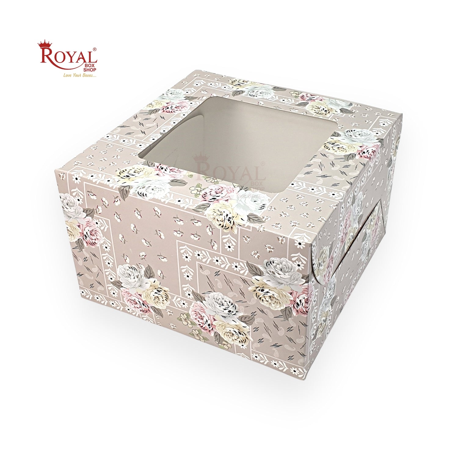 RoyalBoxShop® Window Cake Box I 8"x8"x5" I 3Flower Print I FBB Paper I 300 GSM Royal Box Shop