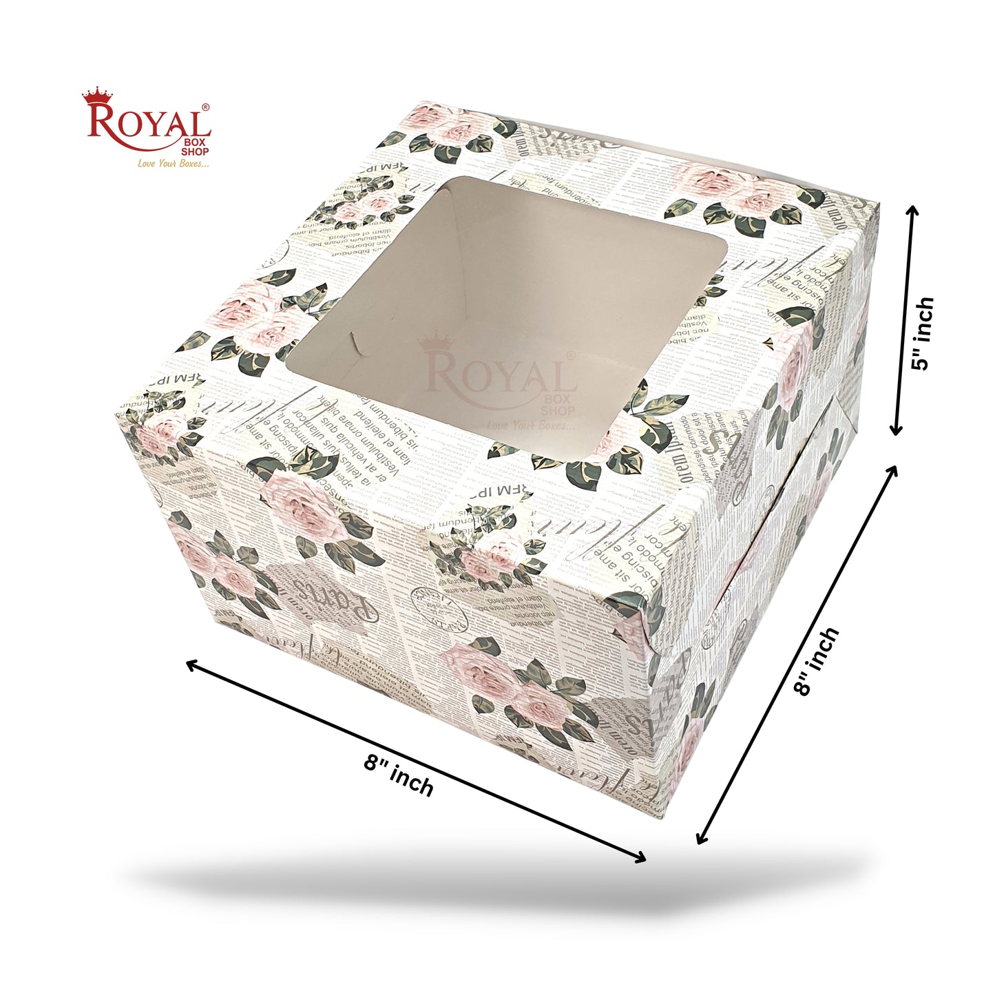 RoyalBoxShop® Window Cake Box I 8"x8"x5" I Flower Print I FBB Paper I 300 GSM Royal Box Shop