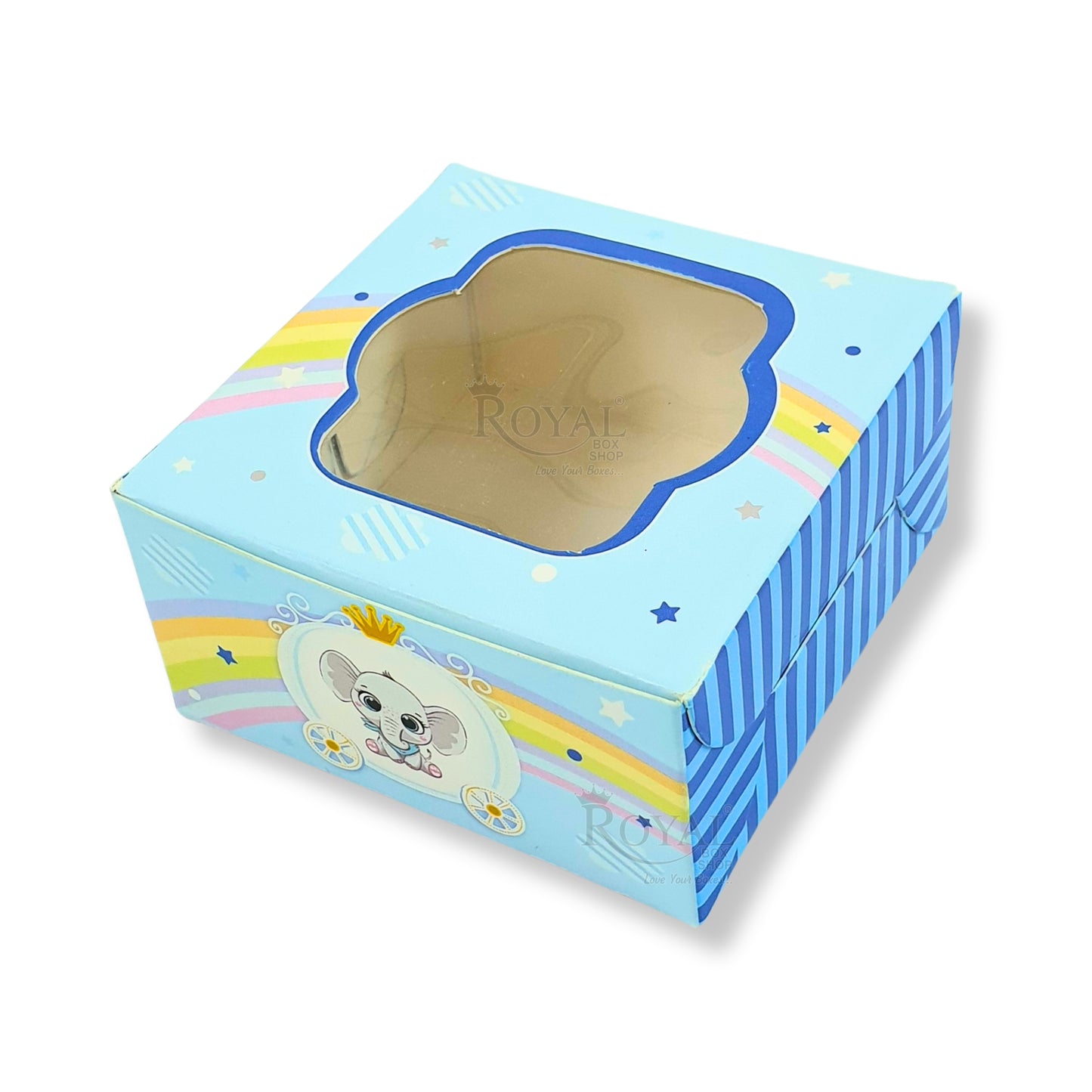 Single Brownie Window Box Baby Blue Elephant Theme - 3 x 3 x 1.5 Inches Royal Box Shop