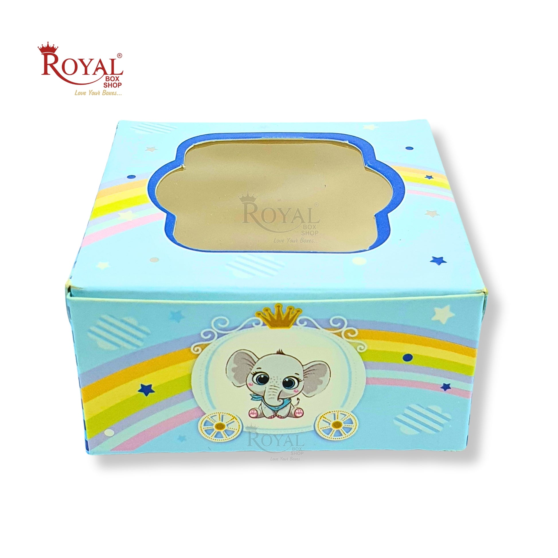 Single Brownie Window Box Baby Blue Elephant Theme - 3 x 3 x 1.5 Inches Royal Box Shop