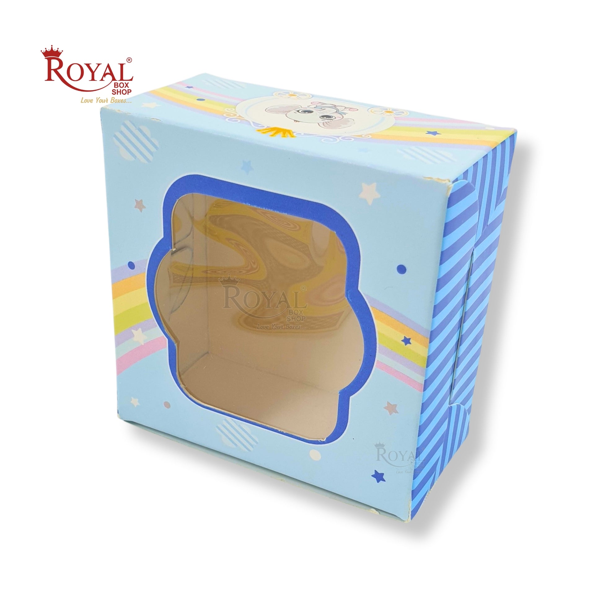 Single Brownie Window Box Baby Blue Elephant Theme - 3 x 3 x 1.5 Inches Royal Box Shop