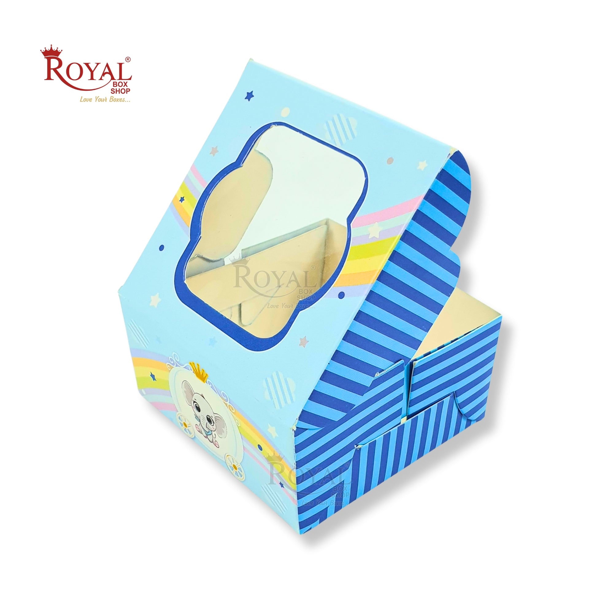 Single Brownie Window Box Baby Blue Elephant Theme - 3 x 3 x 1.5 Inches Royal Box Shop