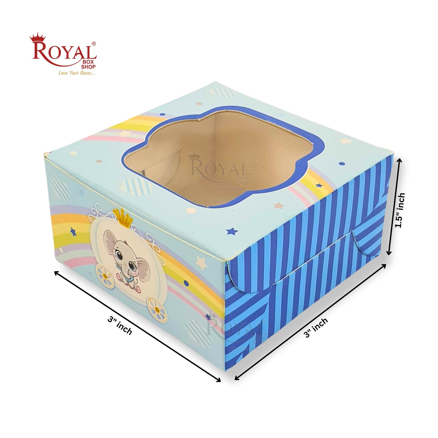 Single Brownie Window Box Baby Blue Elephant Theme - 3 x 3 x 1.5 Inches Royal Box Shop