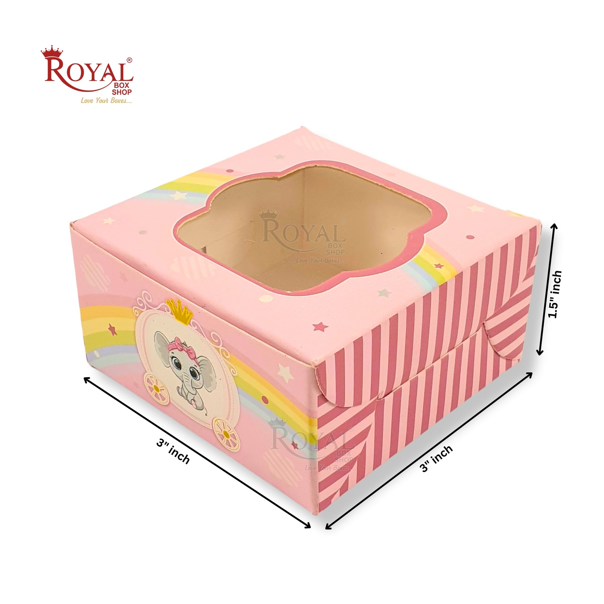 Single Brownie Window Box Baby Pink Elephant Theme - 3 x 3 x 1.5 Inches Royal Box Shop