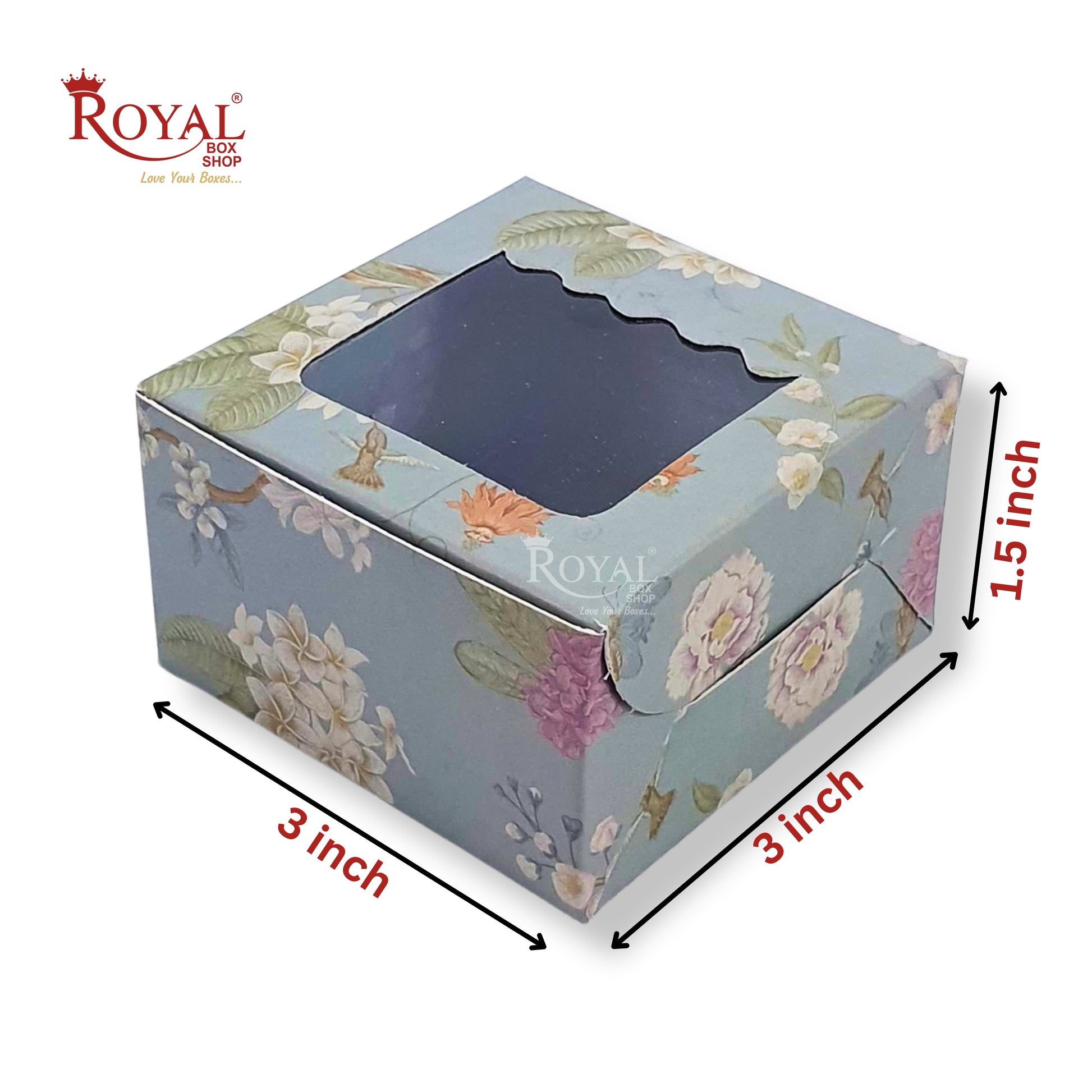 Single Brownie Window Box Grey With Flower Print - 3 x 3 x 1.5 Inches Royal Box Shop